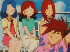 Ash sleeping on boat with Misty, Brock, and May