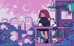 pixel art girl on balcony with cat