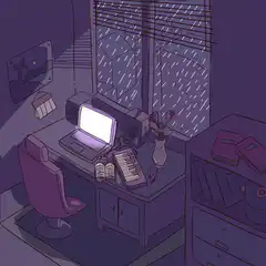 cozy purple room with rain outside