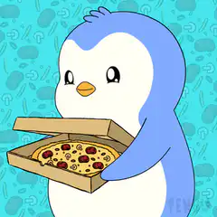 Penguin holding pizza box
