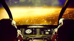Astronauts flying through golden space