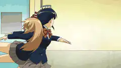Anime girl kicks another through a wall