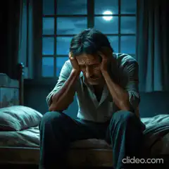 Man sitting on bed holding head in distress