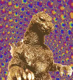 Godzilla against psychedelic background