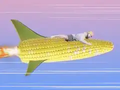 Man riding a rocket-powered corn cob