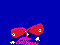 two red balls with x eyes and legs