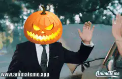 Pumpkin head man high fives