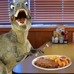 T-Rex excited about steak dinner
