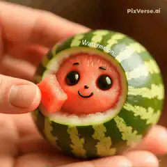 Cute watermelon character eating fruit