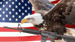 Bald eagle with rifle over American flag