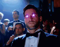 Lucifer with glowing eyes holding sign