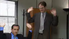 Dwight and Michael waving hands