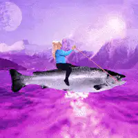Woman riding a giant salmon