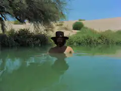 Man in hat submerged in green water
