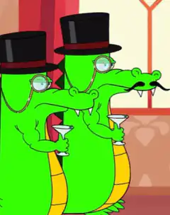 Two green crocodiles in top hats say indeed doubt even quite