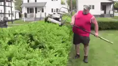 man balancing lawnmower on pole
