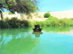 Man in top hat floating in river