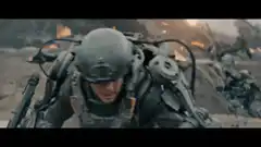 Soldier in exoskeleton suit running in battle