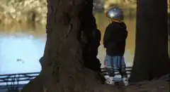 Child peeking from behind a tree