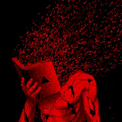 red figure reading book with particles