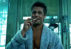 Brad Pitt brushing teeth in bathrobe