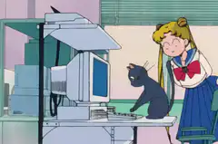Sailor Moon and Luna at the computer