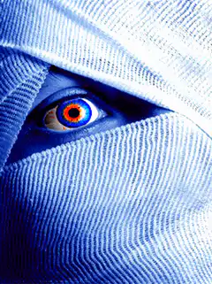 Blue ninja eye with red and orange iris