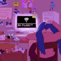 pixel art girl watching anime on computer