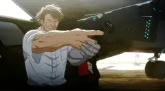 Gendo Ikari points at hologram