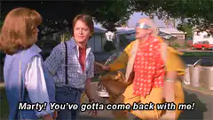 Doc Brown grabs Marty in Back to the Future