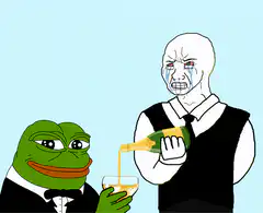 Pepe and Wojak pouring champagne