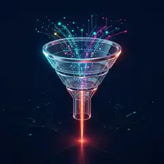 Colorful particles flowing through a glass funnel