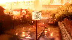 Anime canal at sunset with sign