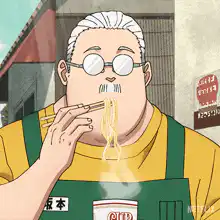 Old man slurping noodles with chopsticks
