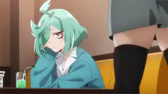 Green-haired girl blushes while red-haired girl sings karaoke