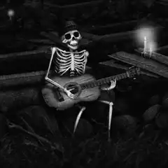 Skeleton playing guitar in graveyard