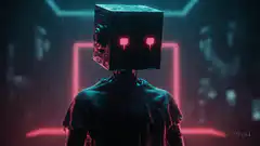 Box-headed robot with glowing eyes