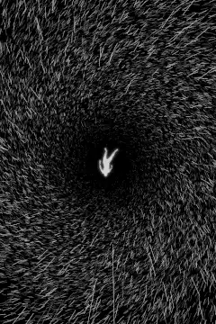 White rabbit in dark fur tunnel