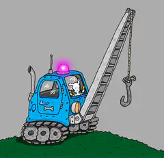 Dog driving a blue crane truck
