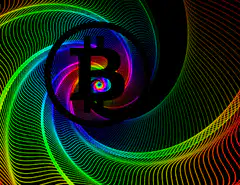 Bitcoin logo on rainbow spiral background