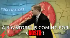 Weatherman pointing at storm for nostr