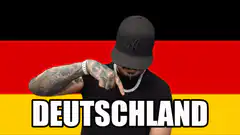 Man pointing and giving thumbs up in front of Germany flag