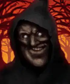 Creepy hooded figure with glowing eyes