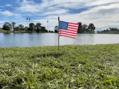 Small American flag waving by a lake