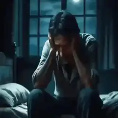 Man clutching head in bed