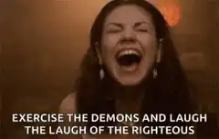 Woman laughing hysterically with text