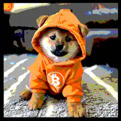 Shiba Inu in orange hoodie with Bitcoin logo