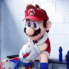 Mario sitting on bench with tennis racket