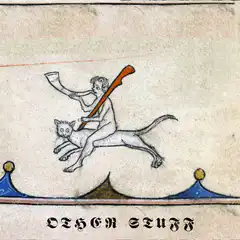 Naked man riding cat with horn