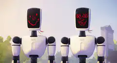 Two robots with red faces